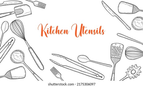 kitchen utensils set collection with hand drawn sketch for background banner template poster