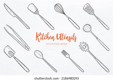 Kitchen utensils set collection with hand drawn sketch vector