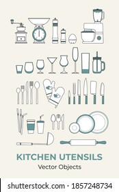 Kitchen utensils set concept vector isolated. Kitchenware glassware cutlery home restaurant. Line illustration logo icon banner flayer. Tableware dinnerware set isolate. Retro cooking tools appliances