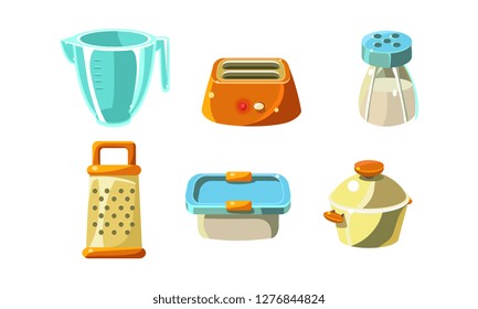 Kitchen utensils set, cooking tools, measuring cup, toaster, grater,conainer, saucepan vector Illustration
