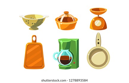 Kitchen utensils set, cooking tools, colander, scales, coffee maker, cutting board, frying pan vector Illustration