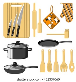 Kitchen utensils set. Cutting board, knives, rolling pin, pestle, potholder, pancake frying pan, pot, spoon, spatula and other. Isolated on white. Vector illustration.