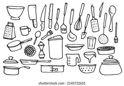 kitchen utensils set of doodle icons. hand-drawn in a simple and stylish grater, ladle, bowl, baking tray, baking dish, knives, whisk, mug, ladle, sieve, spoon, frying pan, colander insulated black 