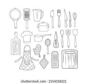 Los utensilios de cocina están decorados con doodle. Esbozos dibujados a mano de diferentes herramientas de cocina. Objetos vectoriales en blanco y negro.