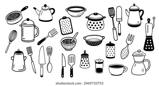 Kitchen utensils set in doodle style. Hand drawn sketches of different cooking tools. Black and white vector objects on isolated background.