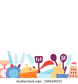 Kitchen utensils set of elements for home cooking. Vector illustration in a hand drawn style. Suitable for printed materials with space for text.