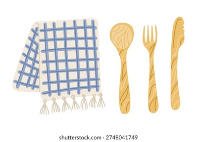 Kitchen utensils set featuring a blue checkered dish towel, wooden spoon, fork, and knife arranged neatly on a white background for culinary use and design purposes