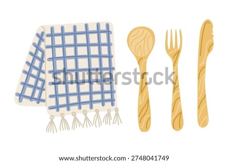 Kitchen utensils set featuring a blue checkered dish towel, wooden spoon, fork, and knife arranged neatly on a white background for culinary use and design purposes