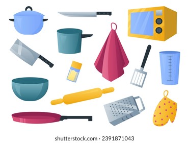Kitchen utensils set in flat cartoon design. This culinary set showcase array of kitchen utensils in vibrant hues, making cooking a delightful and visually appealing experience. Vector illustration.