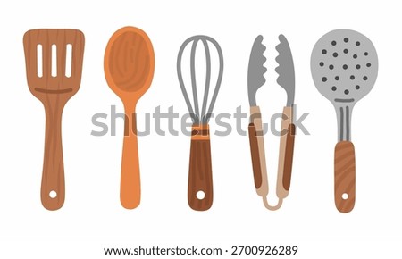 Kitchen utensils set in flat minimalist style, perfect for restaurant logo, culinary illustration, or cooking-themed graphic design projects.