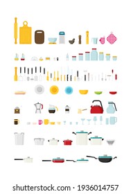 Kitchen utensils set flat vector. Kitchenware, cookware, kitchen tools collection. Modern flat icons set.