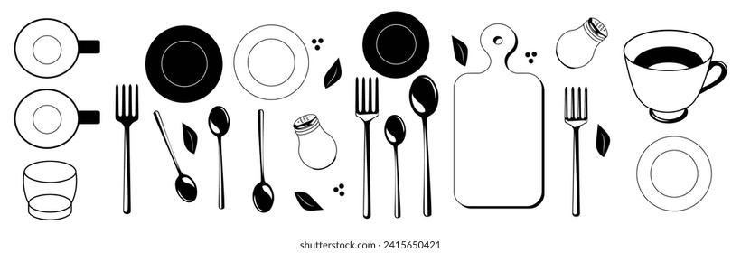 Kitchen utensils set, forks, plates, spoons, cups, salt shaker, pepper, bay leaf