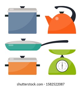 Kitchen utensils, set. Frying pan, saucepan, kettle scales Vector flat illustration