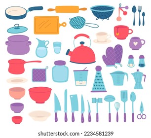 Kitchen utensils set. Frying pan, mug, spatula, mittens, pepper and salt, jars in simple flat style vector illustration. Cutlery spoon, forks, measure cups and plates isolated