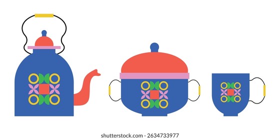 Kitchen utensils set with geometric shapes. Kettle, saucepan and mug. Suitable for branding, printing, packaging decoration. Modern isolated vector illustration.