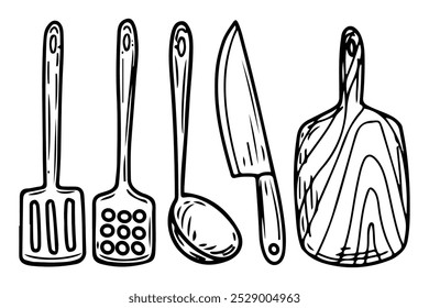 Kitchen utensils set hand drawn doodle. Ladle, spoon, spatula, knife, cutting board for cooking. Tableware. Kitchen utensils. Household appliance. Vector sketch line art illustration.