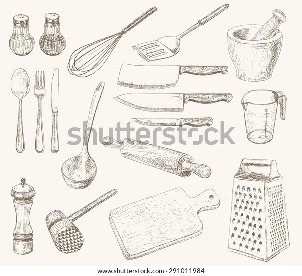 Kitchen\
utensils set. Hand drawn kitchenware and\
cutlery