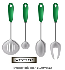 Kitchen utensils set , hanging ladles spoons and fork, modern style, Realistic 3D vector illustration