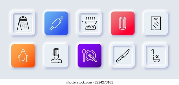 Kitchen utensils set icon. Grater, rolling pin, frying pan, fire, stove, salt shaker, cutting board, apron, chef, cutlery, spoon, fork, plate, knife, ladle. Cooking concept. Neomorphism style