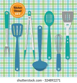 Kitchen utensils set icons on blue and green plaid pattern background