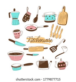 Kitchen utensils, a set of items. Illustration in handmade technique in a bright modern hand drawn style isolated on a white background. Elements for design.