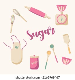 Kitchen Utensils Set. Items for the pastry chef in pink. Baker's illustrations for package design, fabric or print.