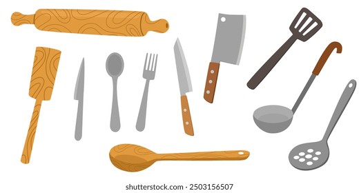 Conjunto de utensilios de cocina. Utensilios de cocina, utensilios de cocina. Espátula de madera, cucharón de sopa con mango, cubiertos, picadora de metal, cuchara de freír, electrodomésticos de cocina. Ilustraciones vectoriales planas aisladas sobre fondo blanco