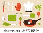 Kitchen utensils set. Kitchenware, cookware, kitchen tools and food collection. Flat vector illustration for your design.