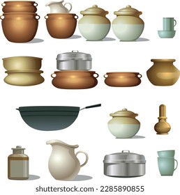 Küchengerät. Küchengeschirr, Kochgeschirr, Sammlung von Küchenwerkzeugen. Moderne Flachsymbole, grafische Elemente, Objekte für Website, Webbanner, Infografiken. Flaches Design-Konzept. Vektorgrafik.