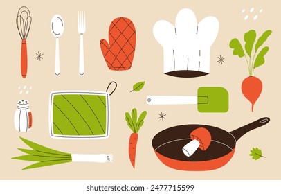 Kitchen utensils set. Kitchenware, cookware, kitchen tools and food collection. Flat vector illustration for your design.