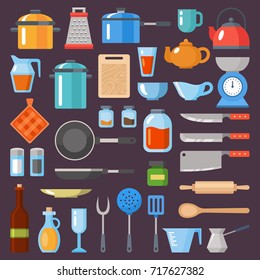 Kitchen utensils set. Kitchenware, cookware, kitchen tools collection. Modern flat icons set, graphic elements, objects for website, web banner, infographics. Flat design concept.