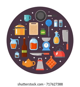 Kitchen utensils set. Kitchenware, cookware, kitchen tools collection. Modern flat icons set, graphic elements, objects for website, web banner, infographics. Flat design concept.