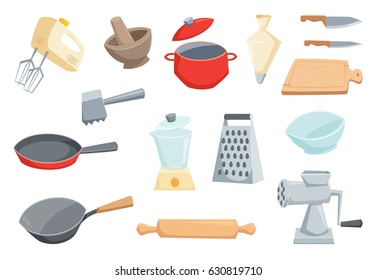 Kitchen utensils set. Kitchenware and cutlery. Cooking items set. Mixer, saucepan, meat grinder, wok frying pan, mixer, rolling pin, meat hammer, grater, mortar, knife, cutting board, cup, pastry bag