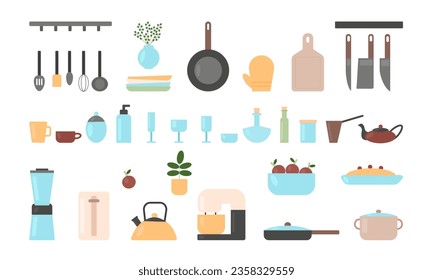 Utensilios de cocina. Artículos de cocina, equipo y herramientas para cocinar. Ilustración vectorial plana en estilo de caricatura aislada en fondo blanco