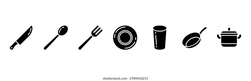 Kitchen Utensils set with Knife, Spoon, Fork, Plate, Glass, Pan, and Pot for cooking and dining visuals.