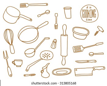 Kitchen Utensils set, line art, vector