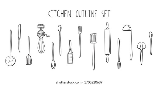 Kitchen utensils set. Outline simple doodle style 