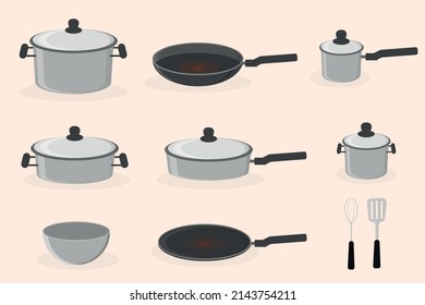 kitchen utensils set pots pans for cooking vector illustration