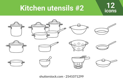 Conjunto de utensilios de cocina. Vector cocinando iconos lineales. Utensilios de cocina: cacerola, cucharón, wok con tapa, sartenes, sartén con tapa, cacerola para panqueques, colador, mortero y mortero, conjunto de fondue, conjunto de cacerolas