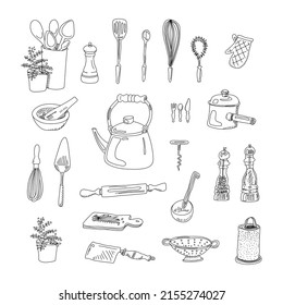 Kitchen utensils set. Vector doodle sketch of different cooking items.