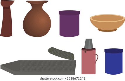 Kitchen utensils set vector illustration.water pot, bowl, jars  water jug isolated on white background