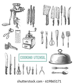 Kitchen utensils set. Vector large collection hand drawn illustration with kitchen tools. Utensil and cooking. Kitchenware sketch. Retro engraving style