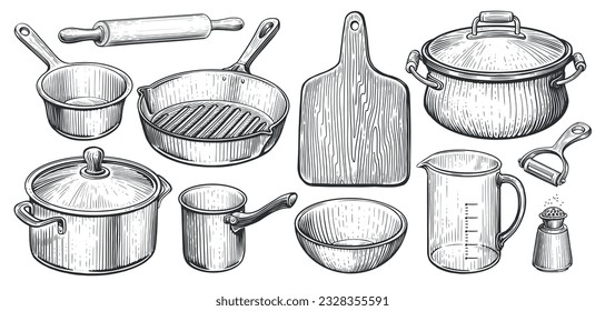 Kitchen utensils set in vintage engraving style. Cooking concept. Sketch vector illustration