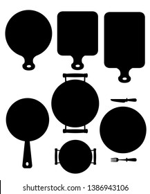 Kitchen utensils set. Wooden cutting board, pan, skillet and white ceramic plate. Black icon for web site or restaurant menu, label. Flat vector illustration isolated on white background.