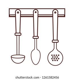 Kitchen utensils in shelf brown lines