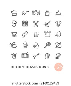 Utensilios de cocina señales de línea delgada Iconos de color negro incluye pan y cuchillo. Icono vectorial