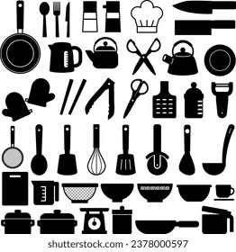 Kitchen utensils silhouette illustration set