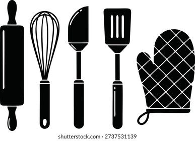 Kitchen Utensils Silhouette Set with Rolling Pin and Oven Mitt