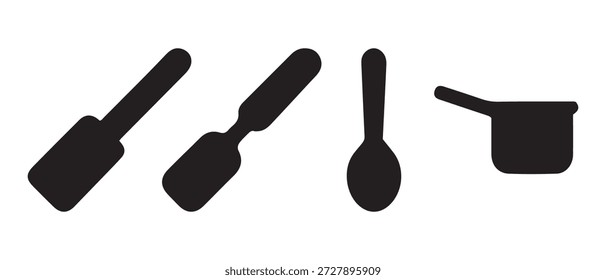 Silhuetas de utensílios de cozinha Espátulas, colher e pote no fundo branco.