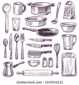 Kitchen utensils. Sketch cooking tools. Pan, knife and fork, spoon and grater, cup and glass, cutting board hand drawing vintage vector kitchenware sketched set